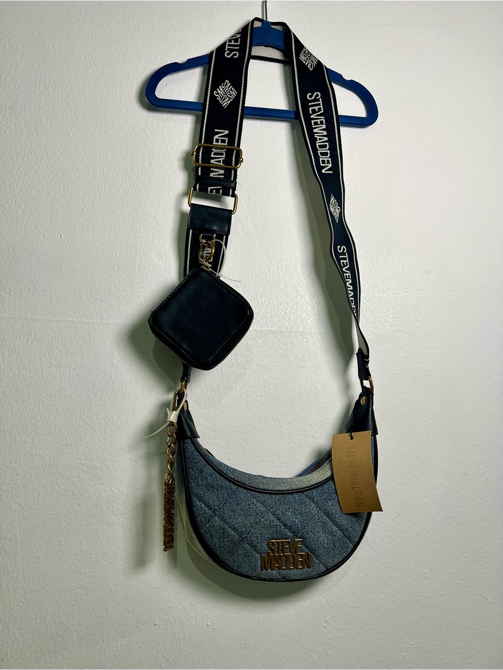 Steve Madden Quilted Denim Blue Crescent Crossbody with Branded Strap